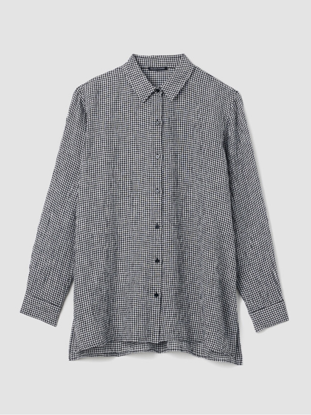 Eileen Fisher Puckered Organic Linen Gingham Black White Classic Collar Shirt L - Picture 2 of 11